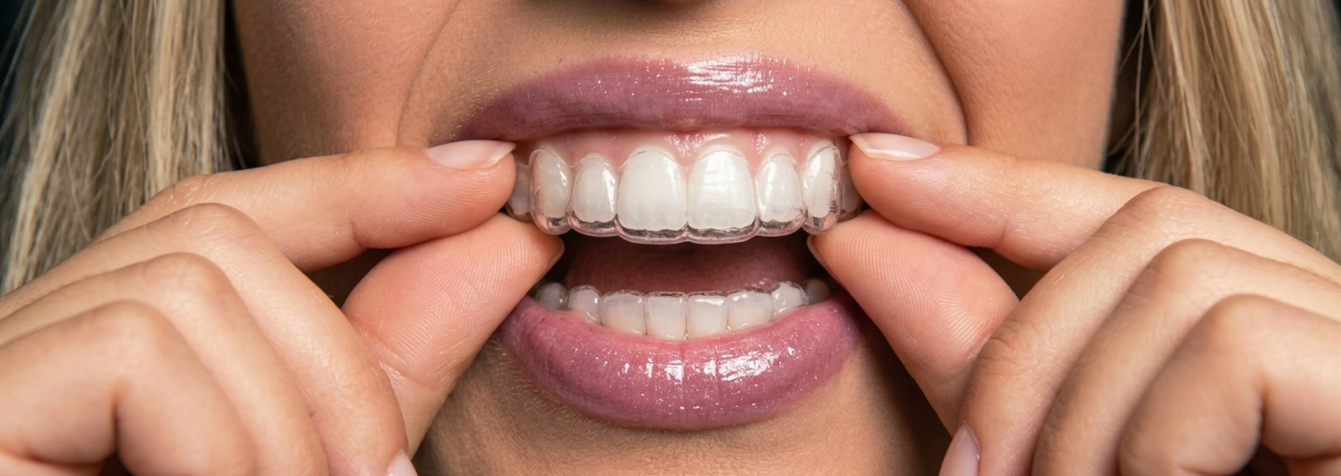 Woman inserting a clear dental aligner